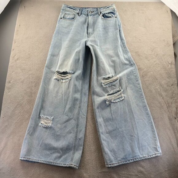 Almost Famous Womens Jeans Size 7 Blue Denim Light Wash Wide Leg Distressed - Picture 14 of 15